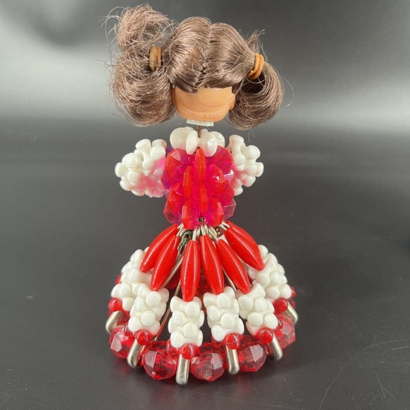 Vintage Tramp Art Doll Head Beaded Safety Pin Girls Blue Red Dress Display - Picture 5 of 16